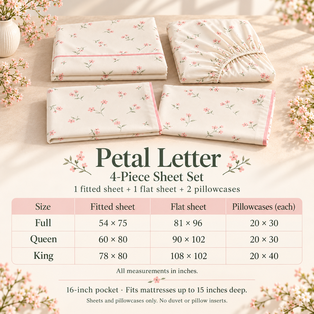 jianiuh™ Petal Letter 4-Piece Cotton Percale Sheet Set — Blush Floral Cottage Bedding, Deep Pocket Sheets, Full / Queen / King