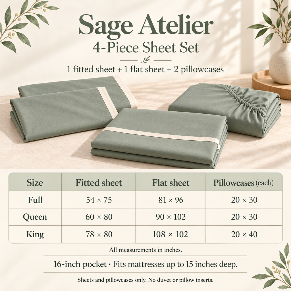 jianiuh™ Sage Atelier 4-Piece Cotton Percale Sheet Set — Sage Green Deep Pocket Bedding with Ivory Border, Full / Queen / King