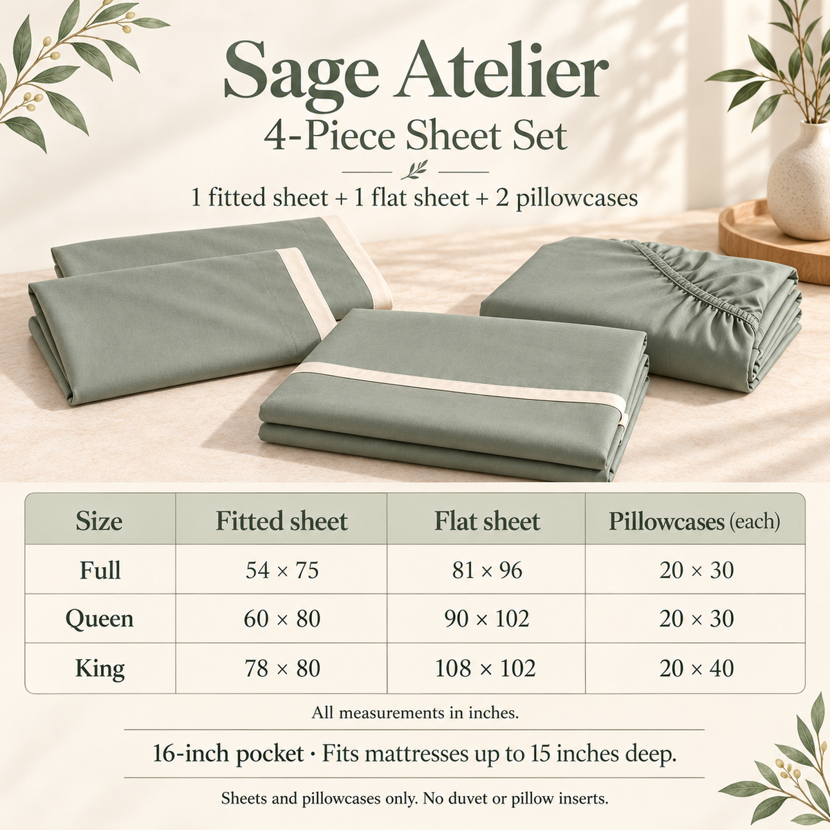 jianiuh™ Sage Atelier 4-Piece Cotton Percale Sheet Set — Sage Green Deep Pocket Bedding with Ivory Border, Full / Queen / King