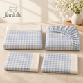 jianiuh™ Cloud Gingham 4-Piece Cotton Percale Sheet Set — Powder Blue Small Check Sheets, Deep Pocket Cottage Bedding, Full / Queen / King