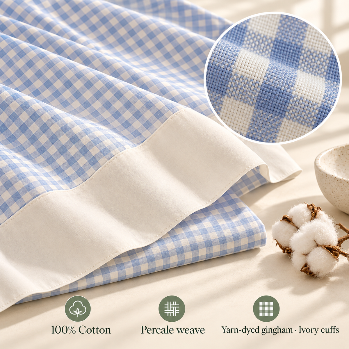jianiuh™ Cloud Gingham 4-Piece Cotton Percale Sheet Set — Powder Blue Small Check Sheets, Deep Pocket Cottage Bedding, Full / Queen / King