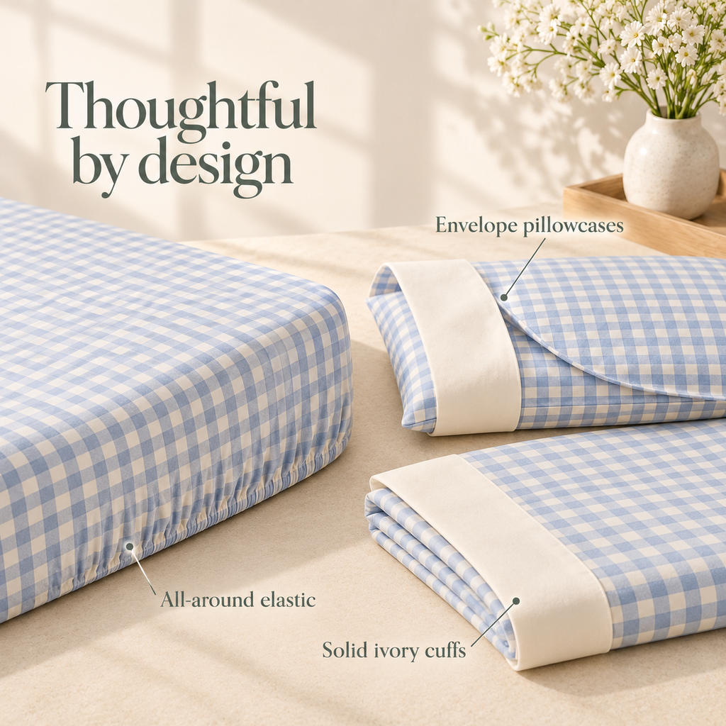 jianiuh™ Cloud Gingham 4-Piece Cotton Percale Sheet Set — Powder Blue Small Check Sheets, Deep Pocket Cottage Bedding, Full / Queen / King