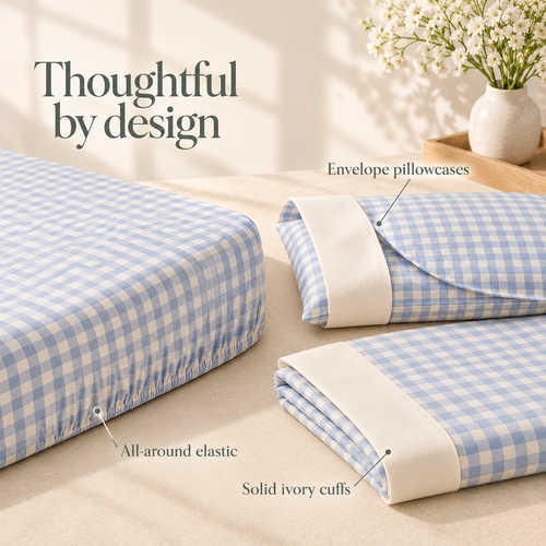 jianiuh™ Cloud Gingham 4-Piece Cotton Percale Sheet Set — Powder Blue Small Check Sheets, Deep Pocket Cottage Bedding, Full / Queen / King