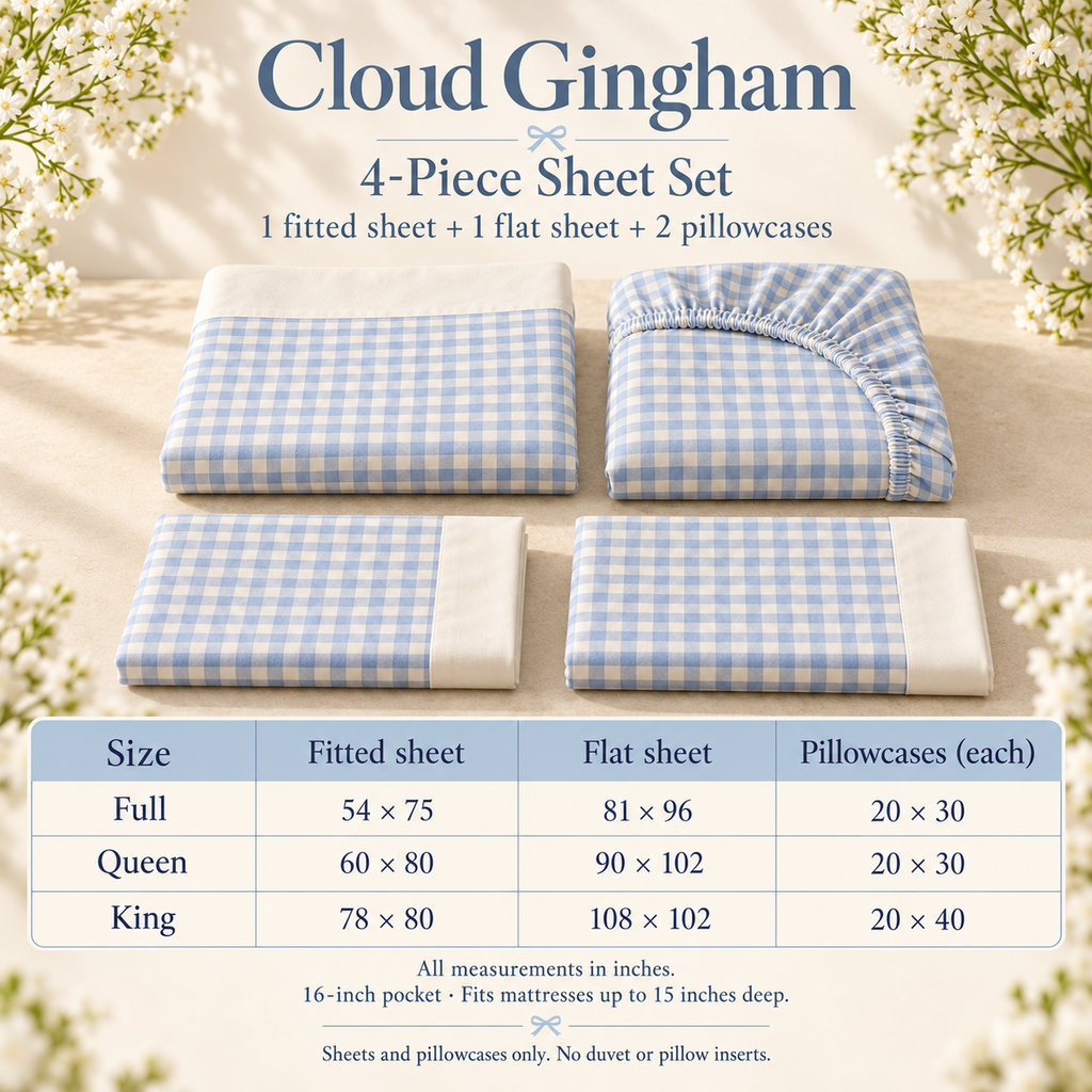 jianiuh™ Cloud Gingham 4-Piece Cotton Percale Sheet Set — Powder Blue Small Check Sheets, Deep Pocket Cottage Bedding, Full / Queen / King