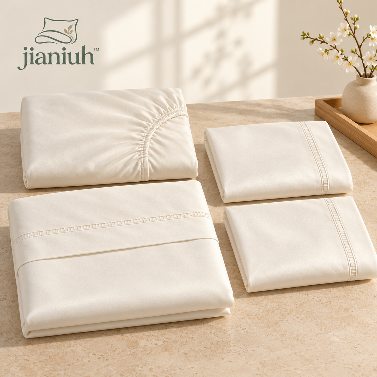 jianiuh™ Pearl Stitch 4-Piece Cotton Sateen Sheet Set — Ivory Embroidered Border Sheets, Deep Pocket Bedding, Full / Queen / King